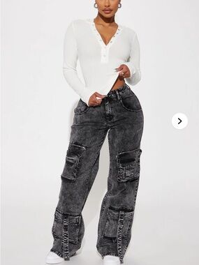 Fashion Nova Washed Black High-Rise Wide Leg Cargo Jeans - Women